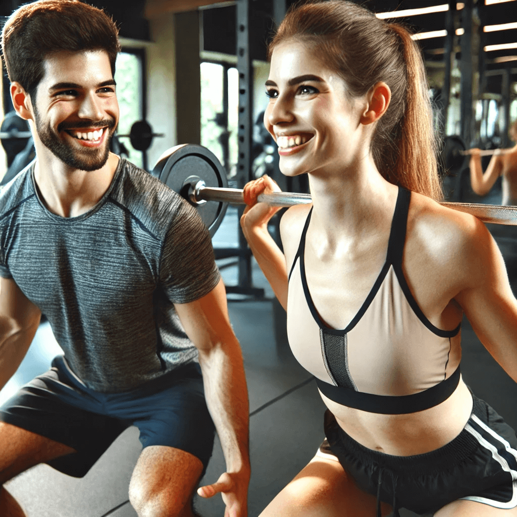  A fit and happy couple exercising together in a modern gym. The woman is doing squats with a barbell, while the man supports her with a smile.